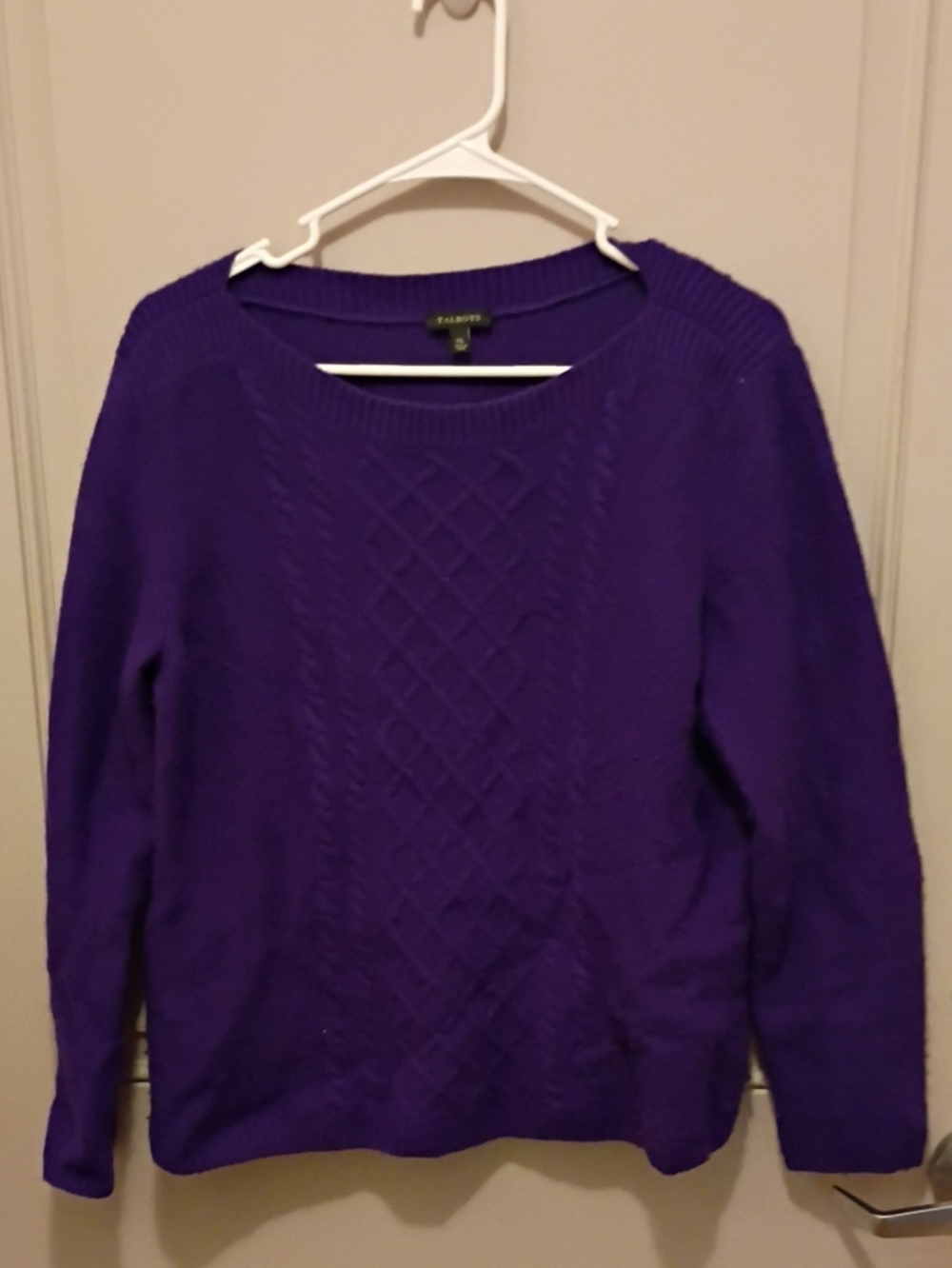 Talbots Deep Purple Cable-Front Merino Wool Cashemere Crewneck Sweater Size XL